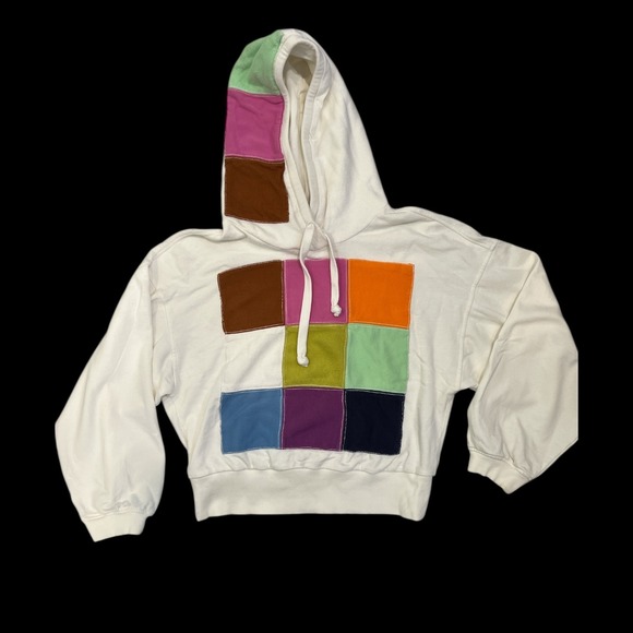 Daily Practice | Artsy Colorblock Mixed Material Casual Pullover Hoodie Size M - Picture 2 of 7